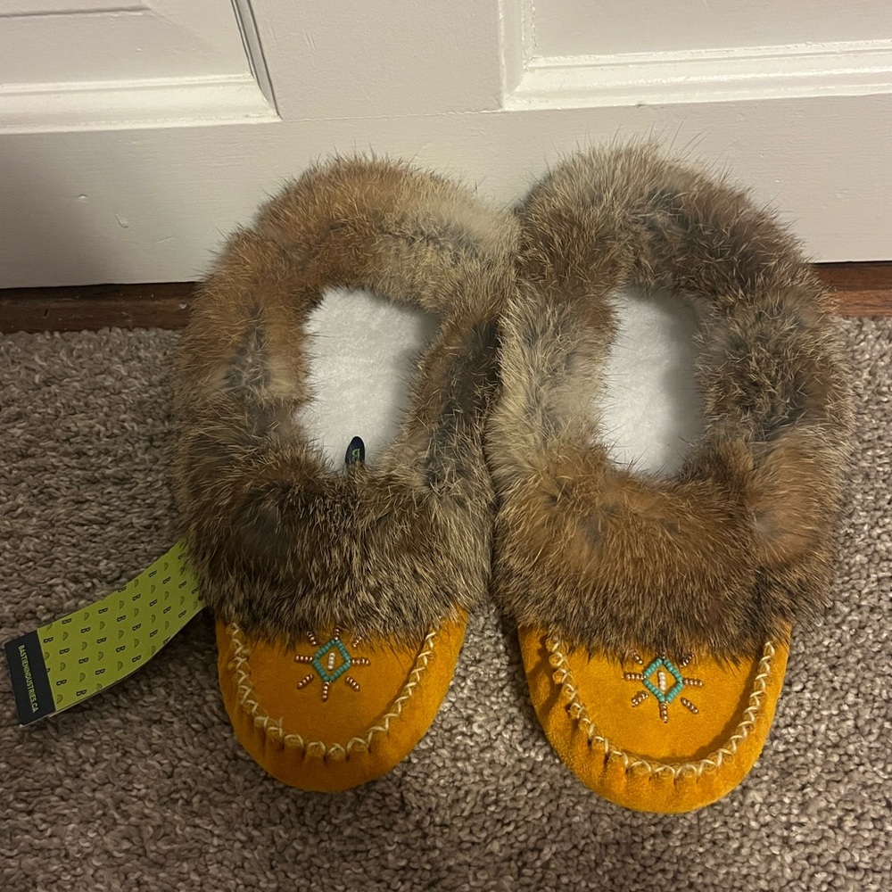 Faux Fur-Trimmed Moccasin Slippers in Mustard Yellow